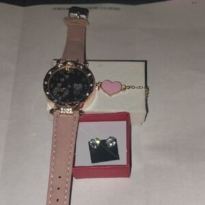 Elegant Pink and Black Watch with Heart Charm